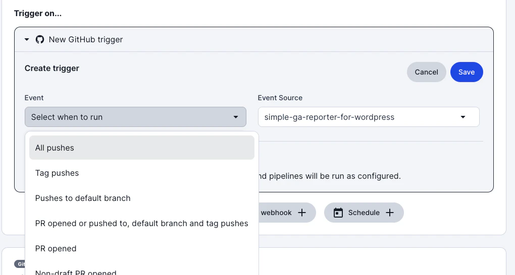 GitHub App トリガーのイベント選択ドロップダウン