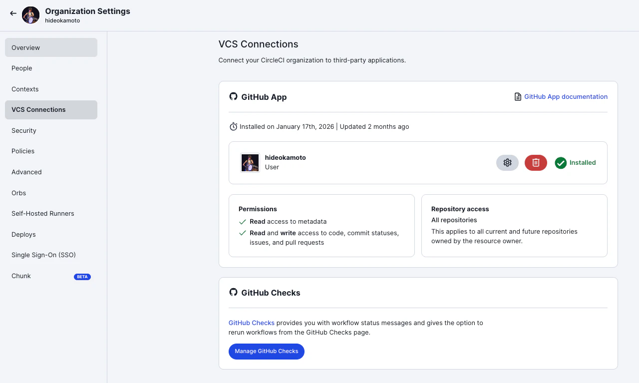 Organization Settings > VCS Connections:GitHub App インストール済みの状態