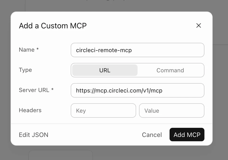 Add a Custom MCPダイアログへの入力