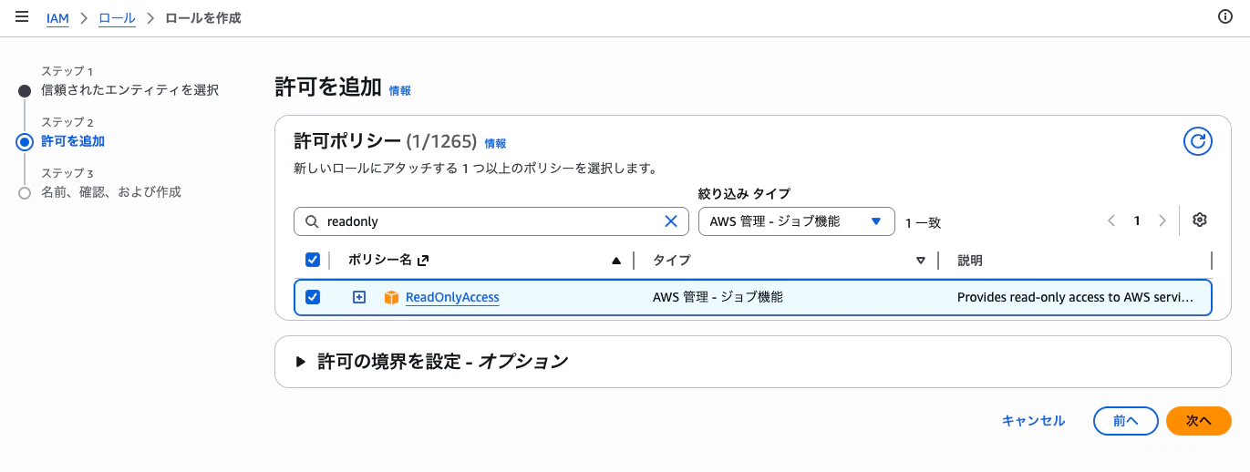 ReadOnlyAccess を選択