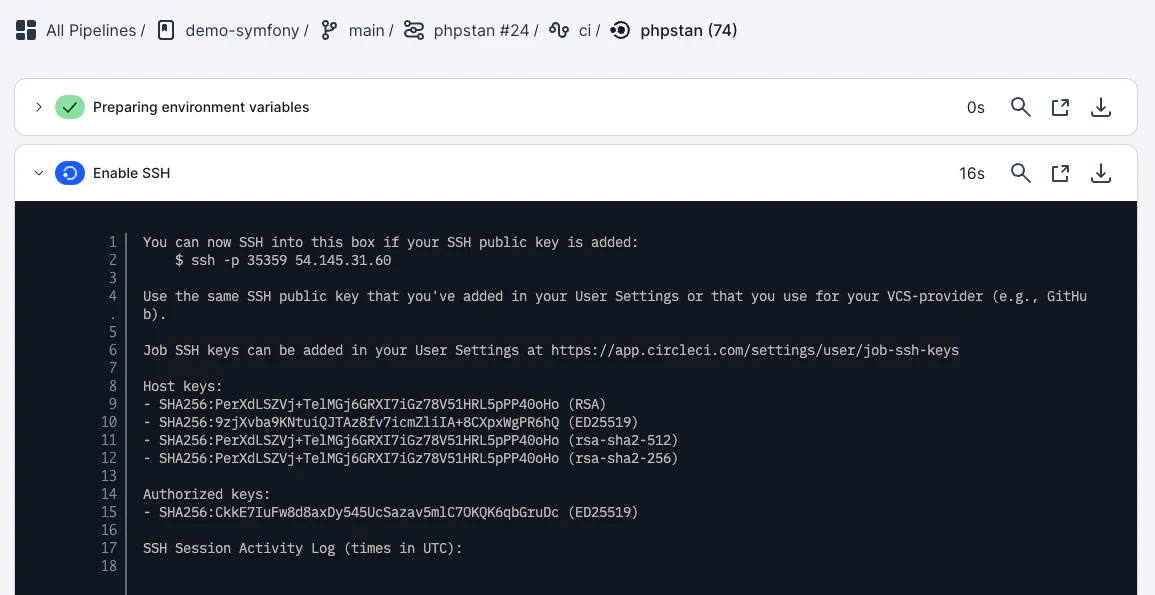 Enable SSH セクションの接続コマンド