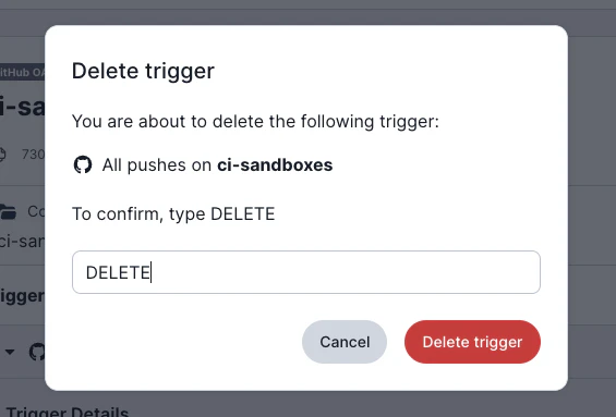 Delete trigger 確認ダイアログ — 「DELETE」を入力して削除を実行する