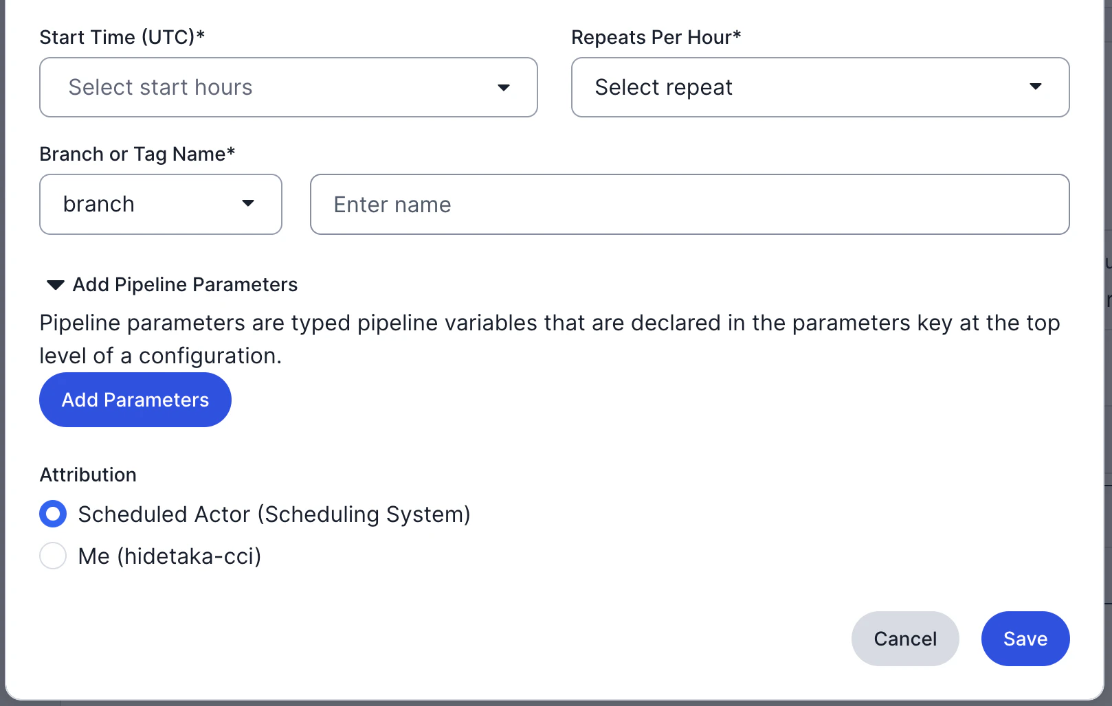 GitHub OAuth の Schedule Trigger 設定画面(下部:Attribution)
