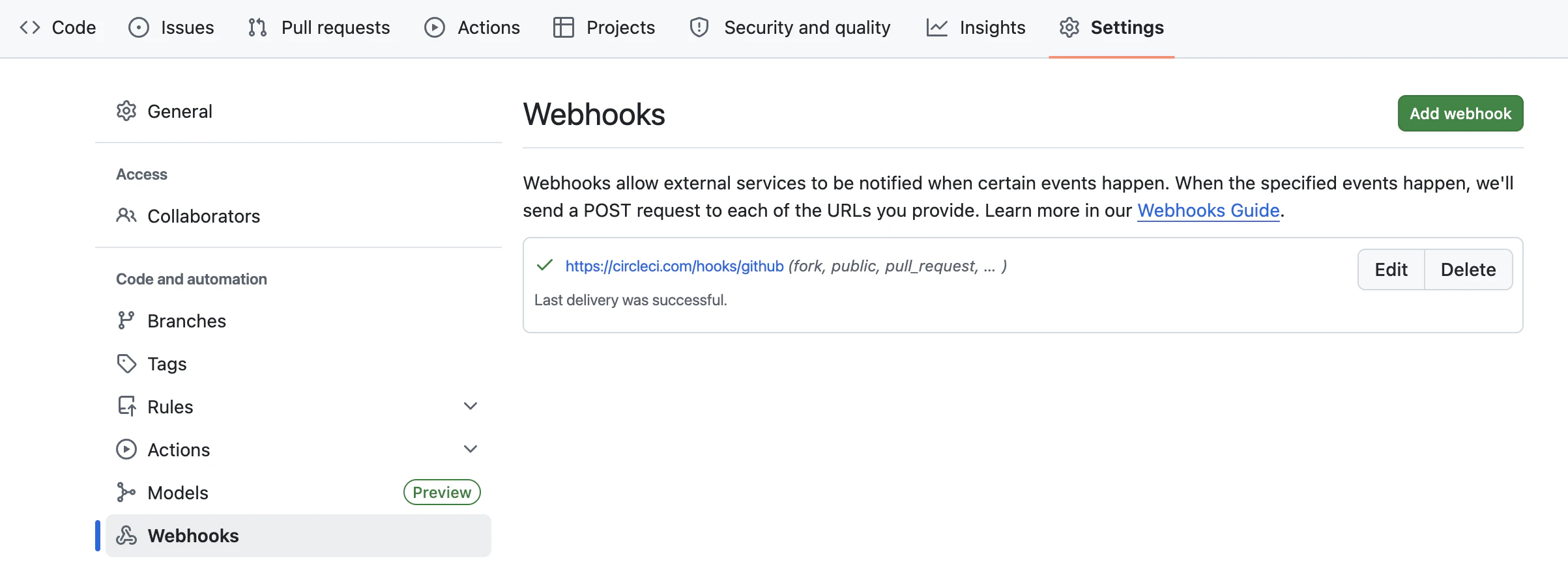 GitHub のリポジトリ設定 Webhooks 画面 — CircleCI 向け webhook が表示されている