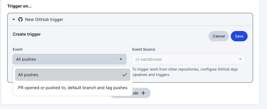 New GitHub trigger — Create trigger フォームで Event と Event Source を選択する