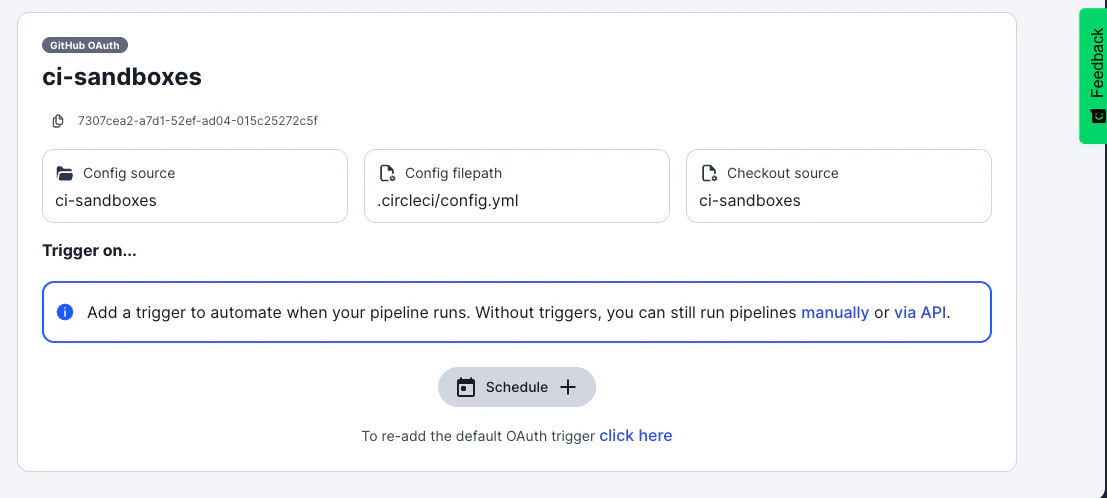 OAuth トリガー削除後の状態 — 「To re-add the default OAuth trigger click here」リンクが表示されている