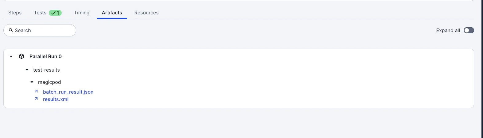 CircleCI ジョブの Artifacts タブ。test-results/magicpod 配下に batch_run_result.json と results.xml