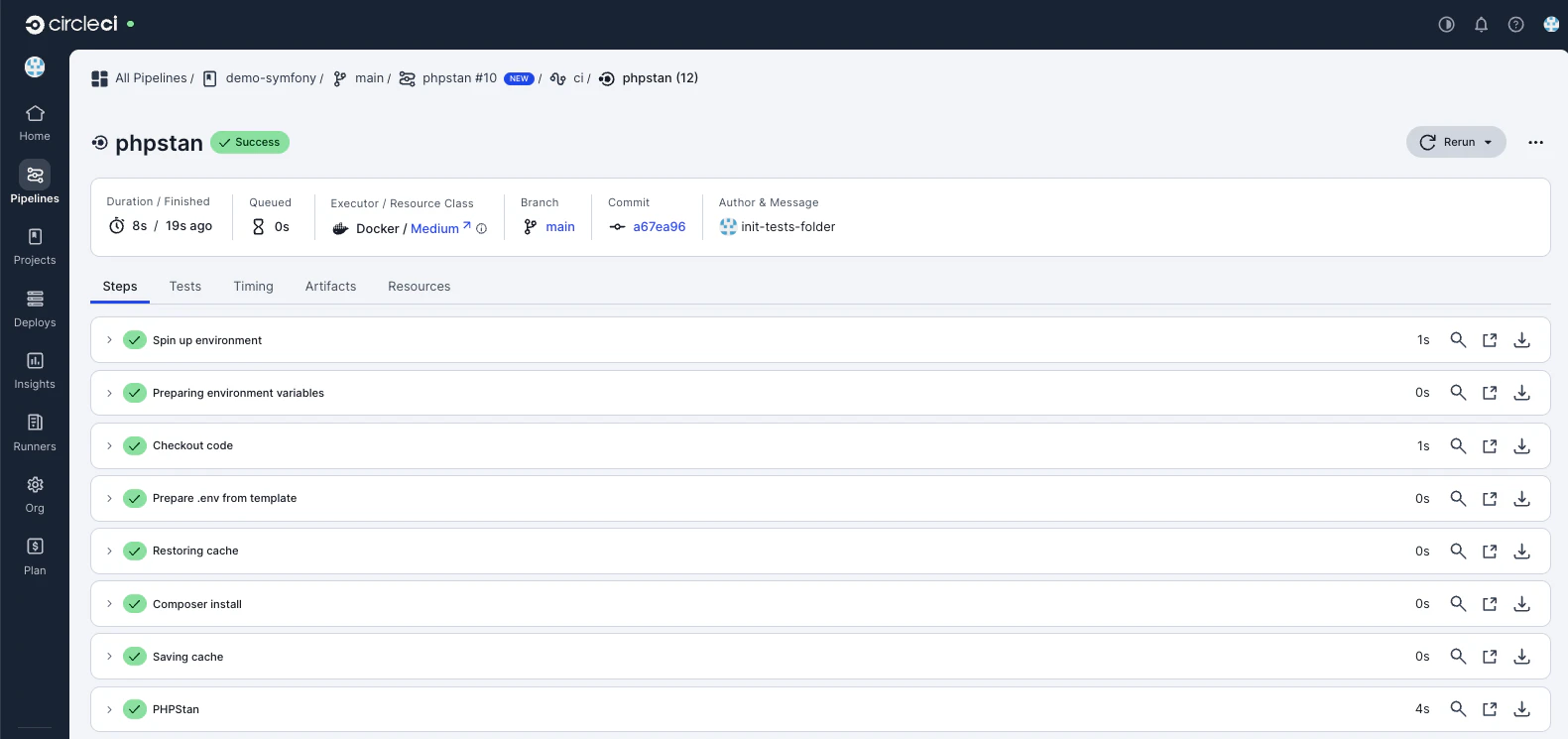 CircleCI の PHPStan ジョブ成功画面