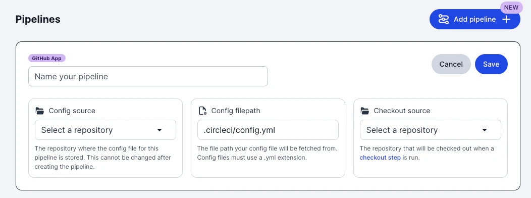 GitHub App パイプライン作成フォーム(空の状態)