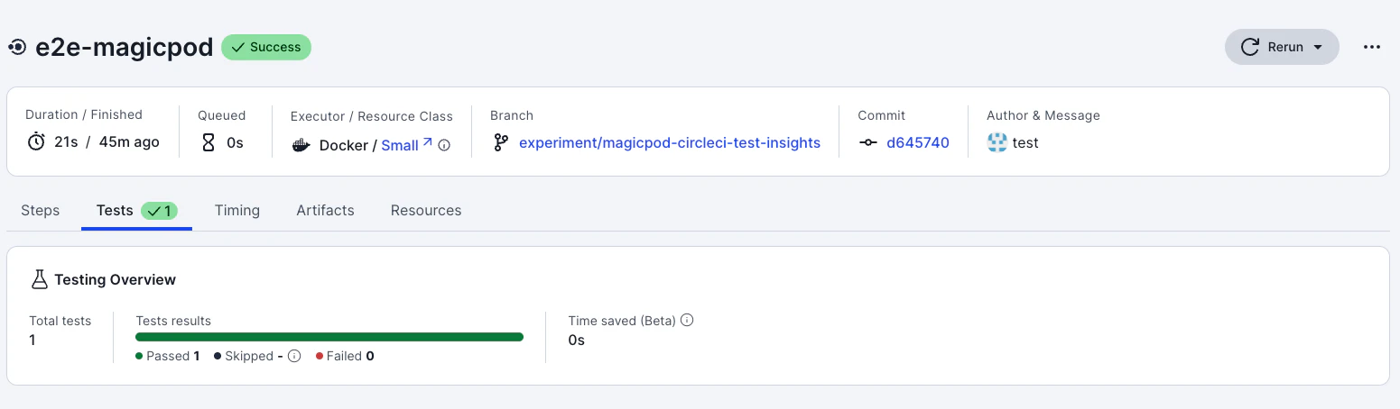 CircleCI ジョブ e2e-magicpod の Tests タブ。Total tests 1、Passed 1、Failed 0