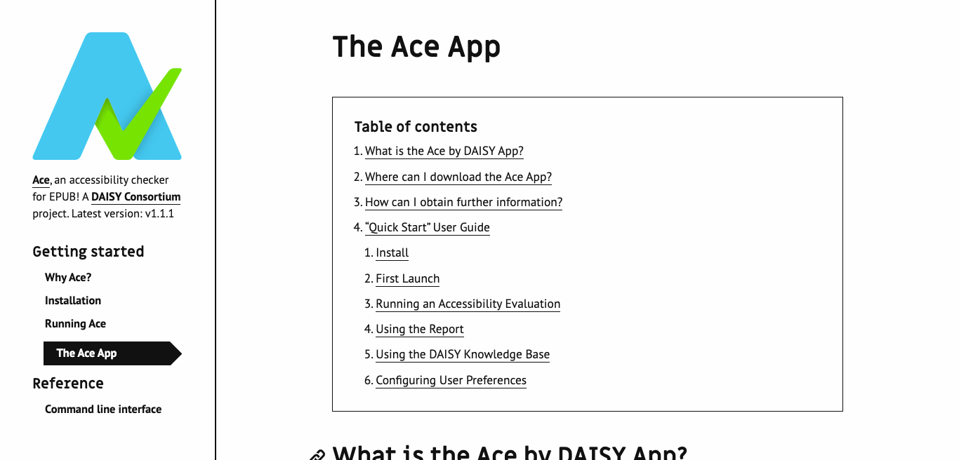 公式サイトの「The Ace App」ページ画面のスナップショット。アプリ導入に関するTable of Contentsが表示されている。