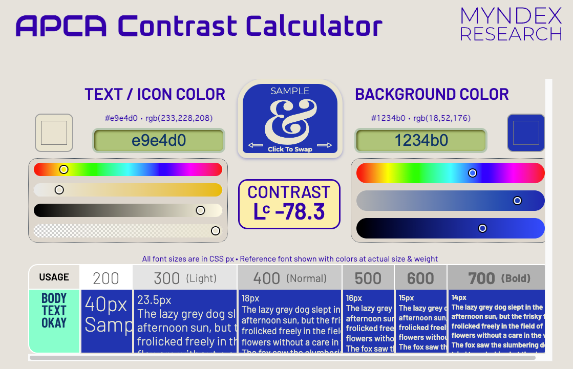 APCA Contrast CalculatorのWebページスナップショット
