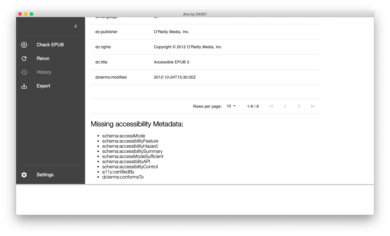 Ace AppのMetadataレポート画面。「Missing accessibility Metadata」が９件ある。