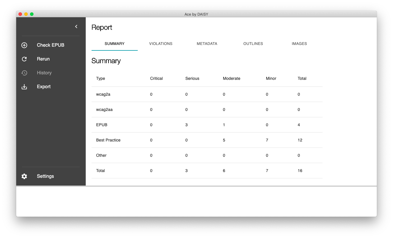 Ace App Reportのsummary画面。Seriousが３件、Moderateが６件、Minorが７件、合計１６件の表示