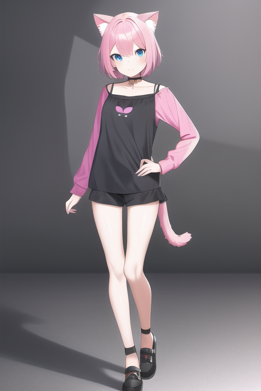 pink hair girl with cat ears, blue eyes, short hair, full body, looking at viewer s-3404123725.png