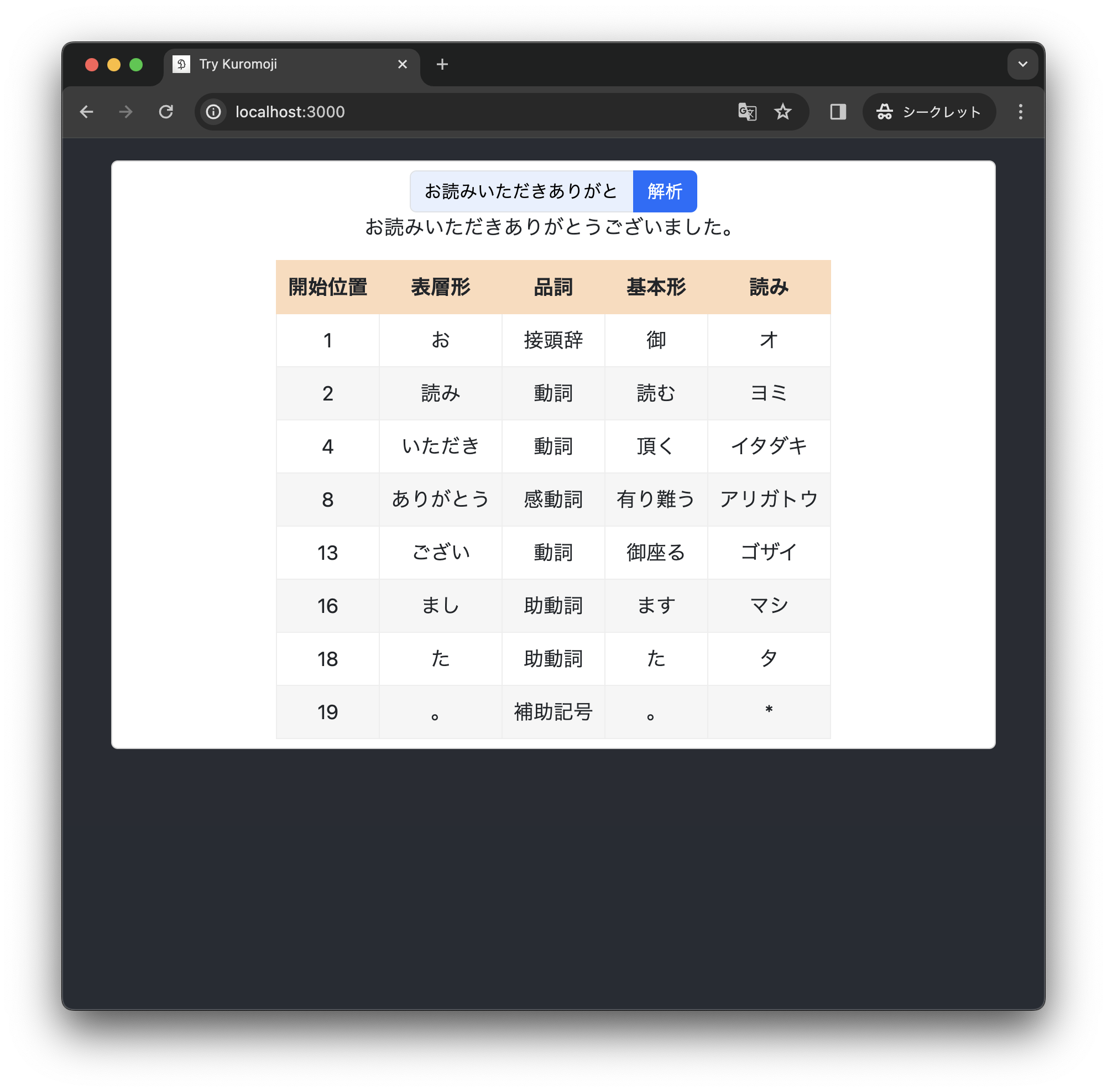 ブラウザアプリのスクショ、「お/読み/いただき/ありがとう/ござい/まし/た/。(オ/ヨミ/イタダキ/アリガトウ/ゴザイ/マシ/タ/。)」