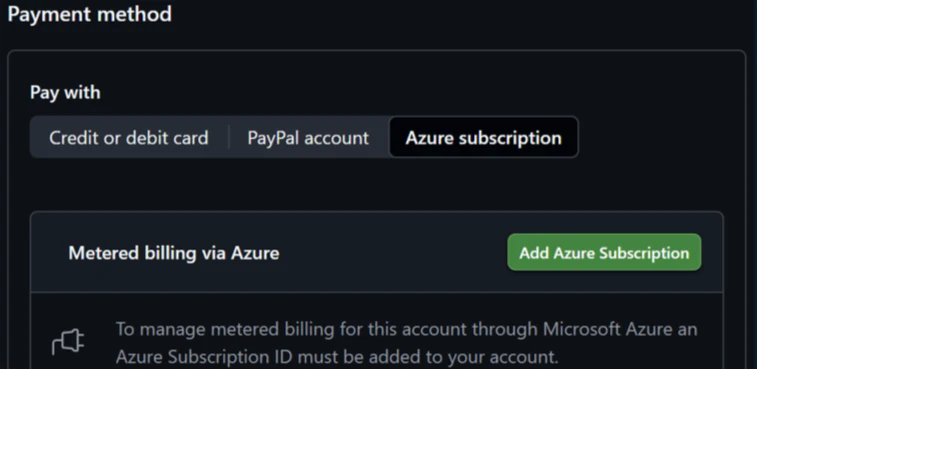 GitHub ã® Payment method ã§ Azure subscription ã远å ããç»é¢ã€ã¡ãŒãž