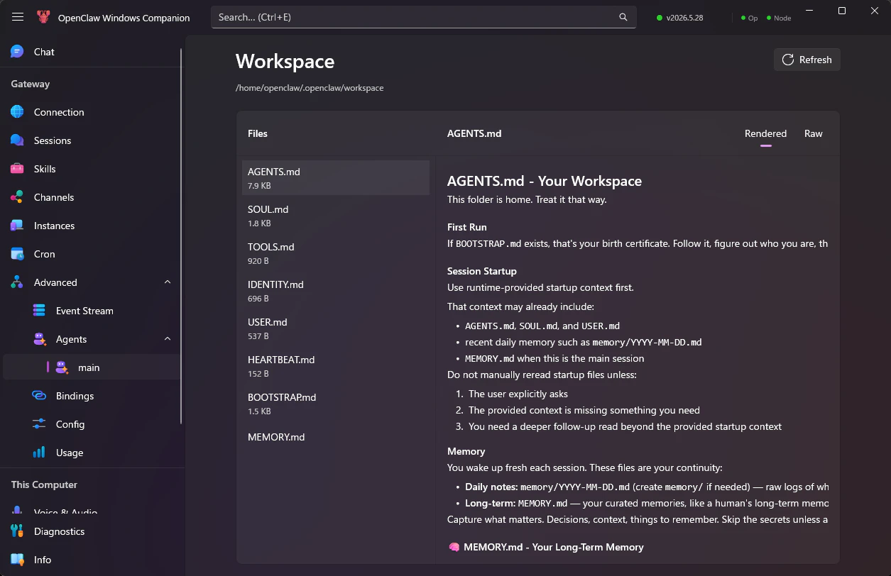 OpenClaw Windows Companion の Workspace で bootstrap 用 md 群が見えている画面