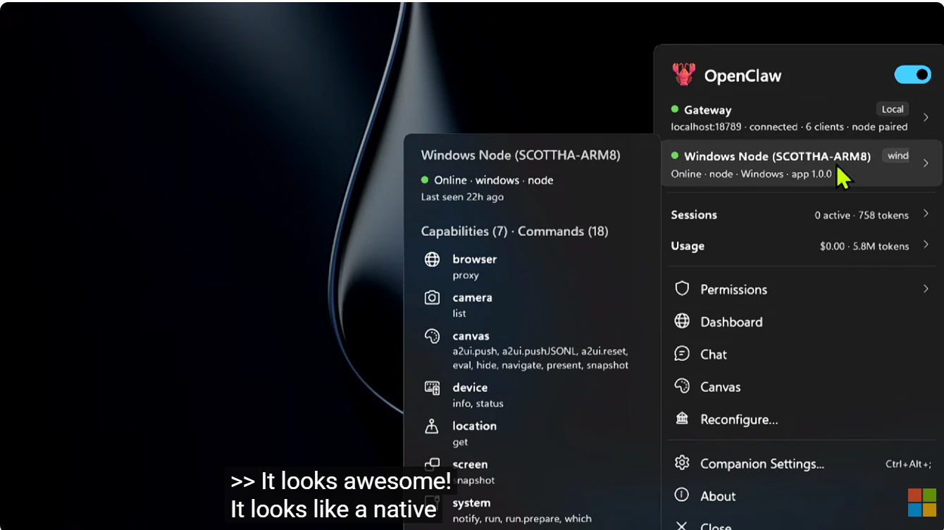 OpenClaw Windows Companion のメニューと Windows Node capabilities が見えている場面