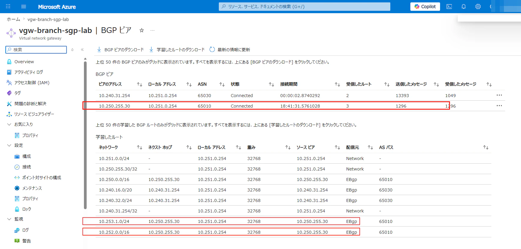 設定後の Branch Gateway BGP peers 画面。Hub 側から受信したルートが 3 本に減り、10.252.0.0/16 に集約されている