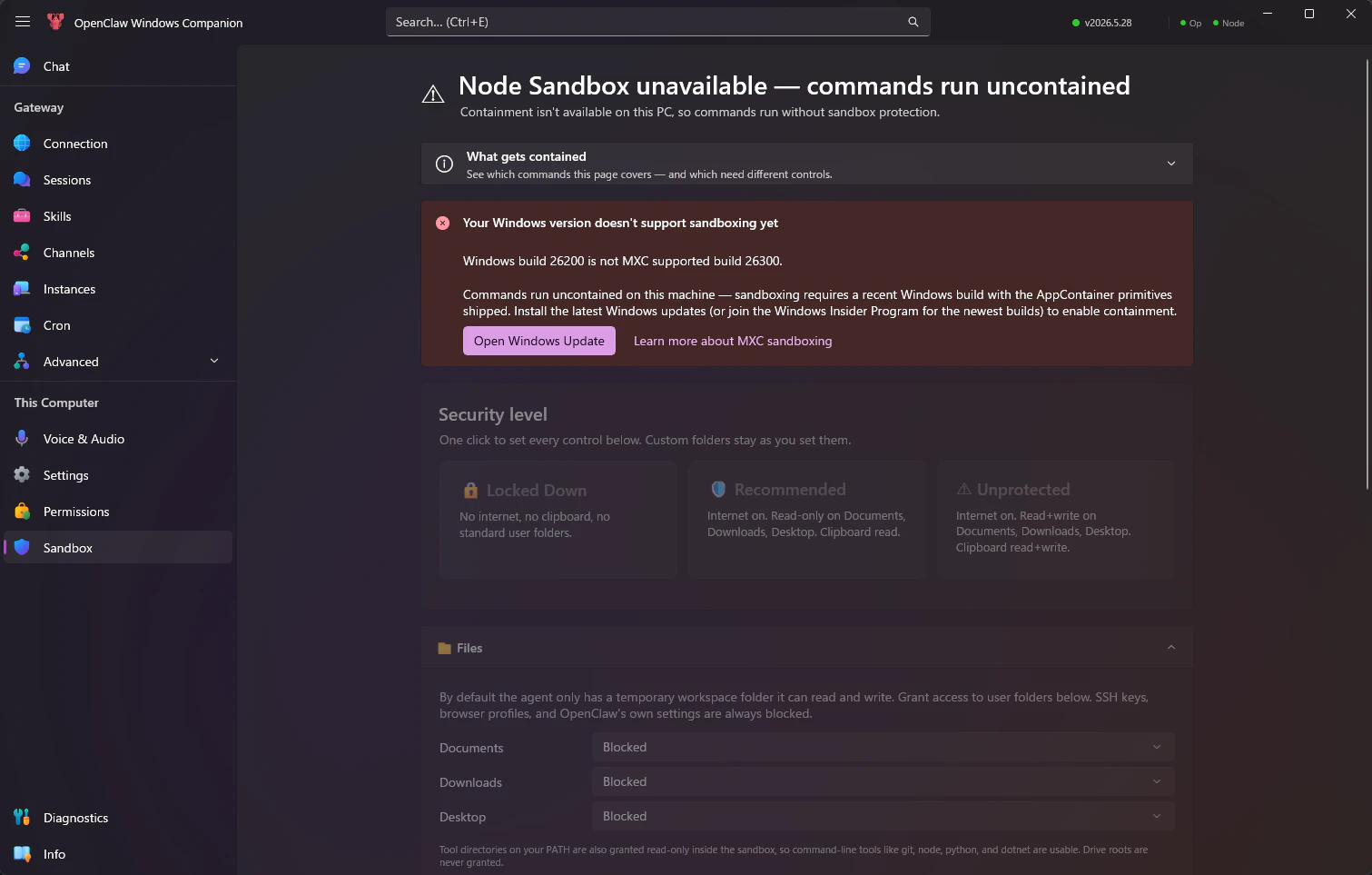 OpenClaw Windows Companion の Sandbox 画面で Node Sandbox unavailable と表示されている場面