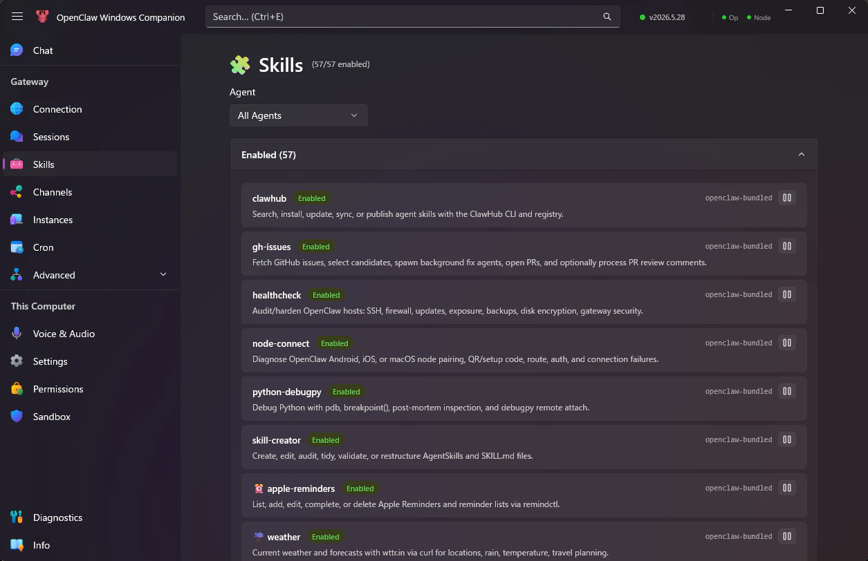 OpenClaw Windows Companion の Skills 一覧画面