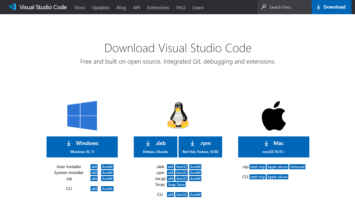 VS Code公式サイトの画像．Windowsをクリック