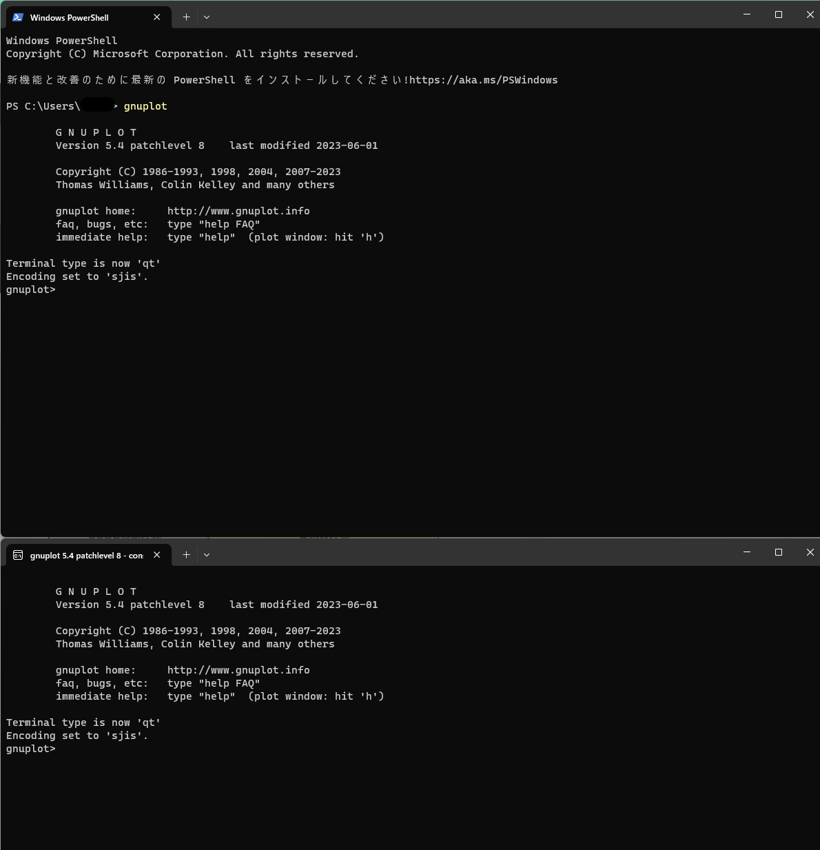 PowerShellからGnuplotを開いた様子 (上) とGnuplotソフトを直接開いた様子 (下) の画像