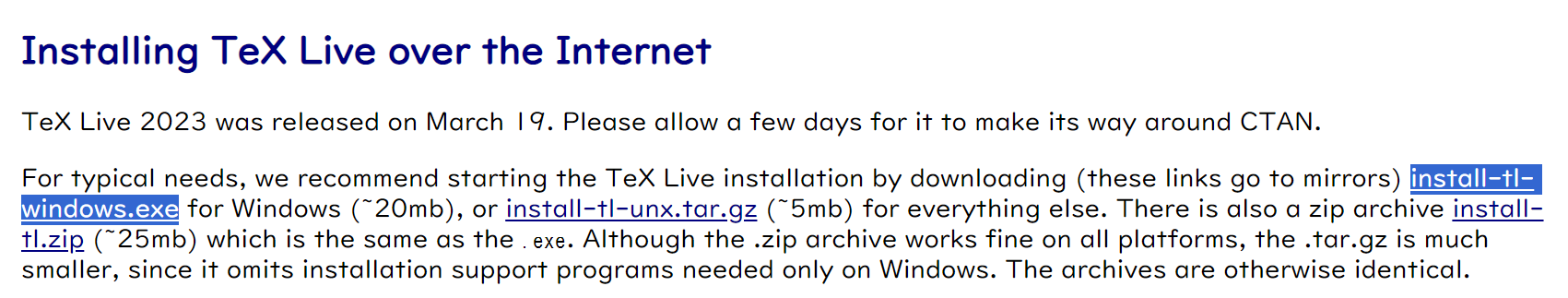 TeX Live 公式サイトの画像．install-tl-windows.exeをクリック