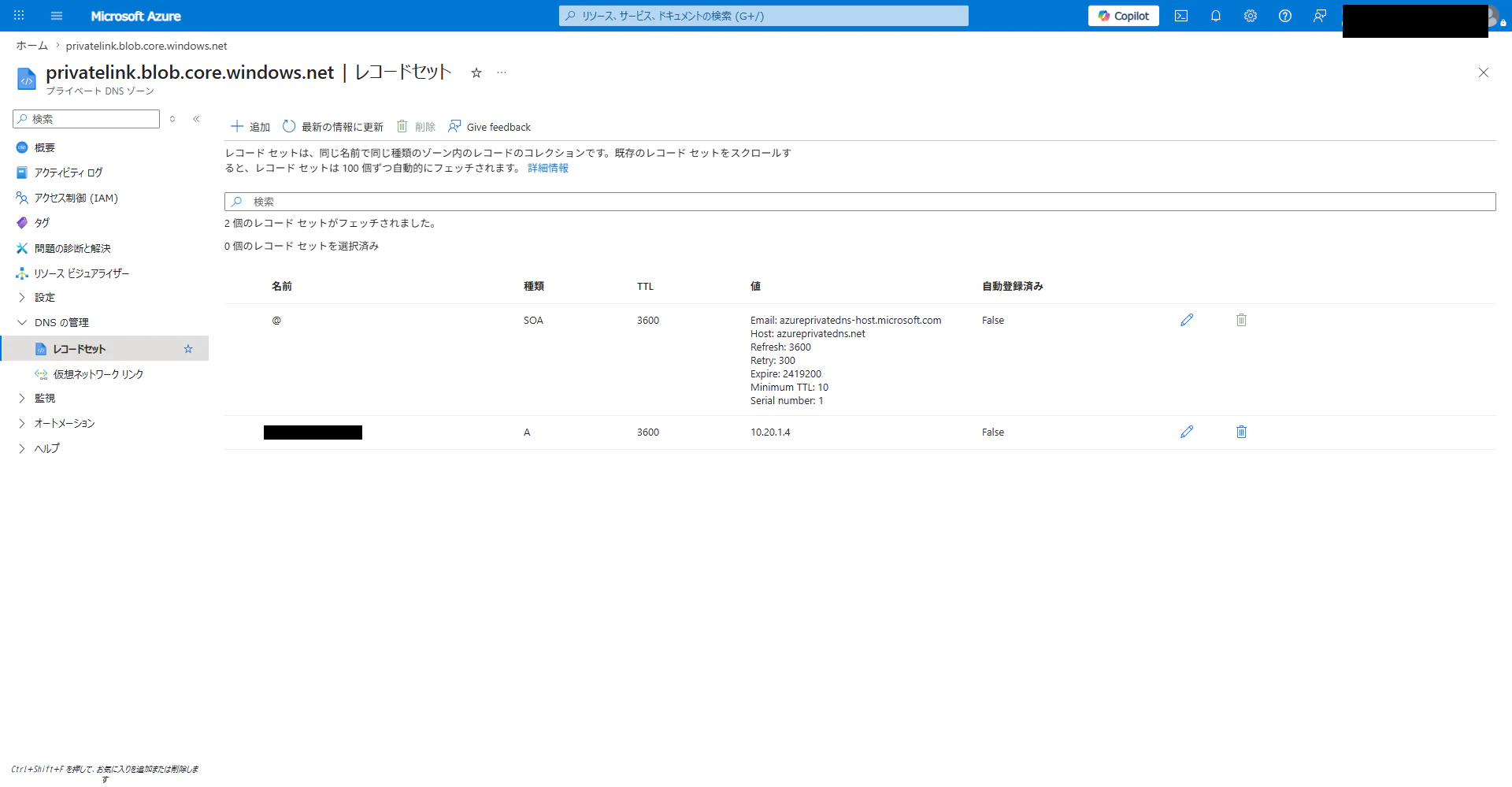 Private DNS Zone に手動登録した A レコード。Storage A の名前が PE のプライベート IP(10.20.1.4)を指す