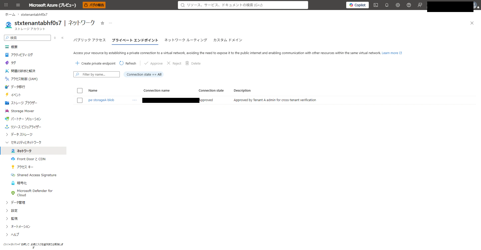 Tenant A 側 Storage Account の Private Endpoint 接続が Approved(承認済み)