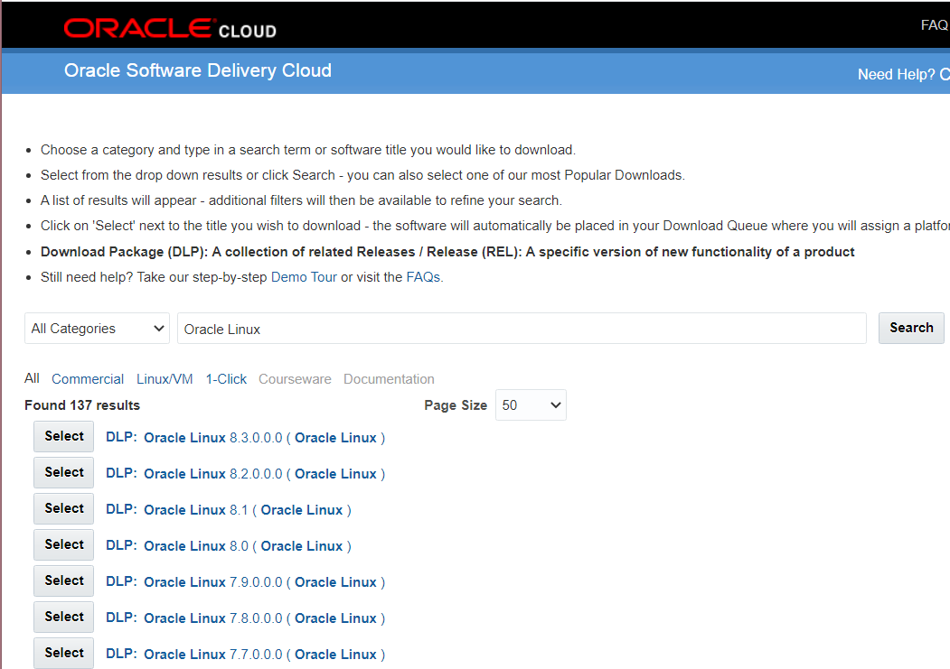 select Oracle Linux version