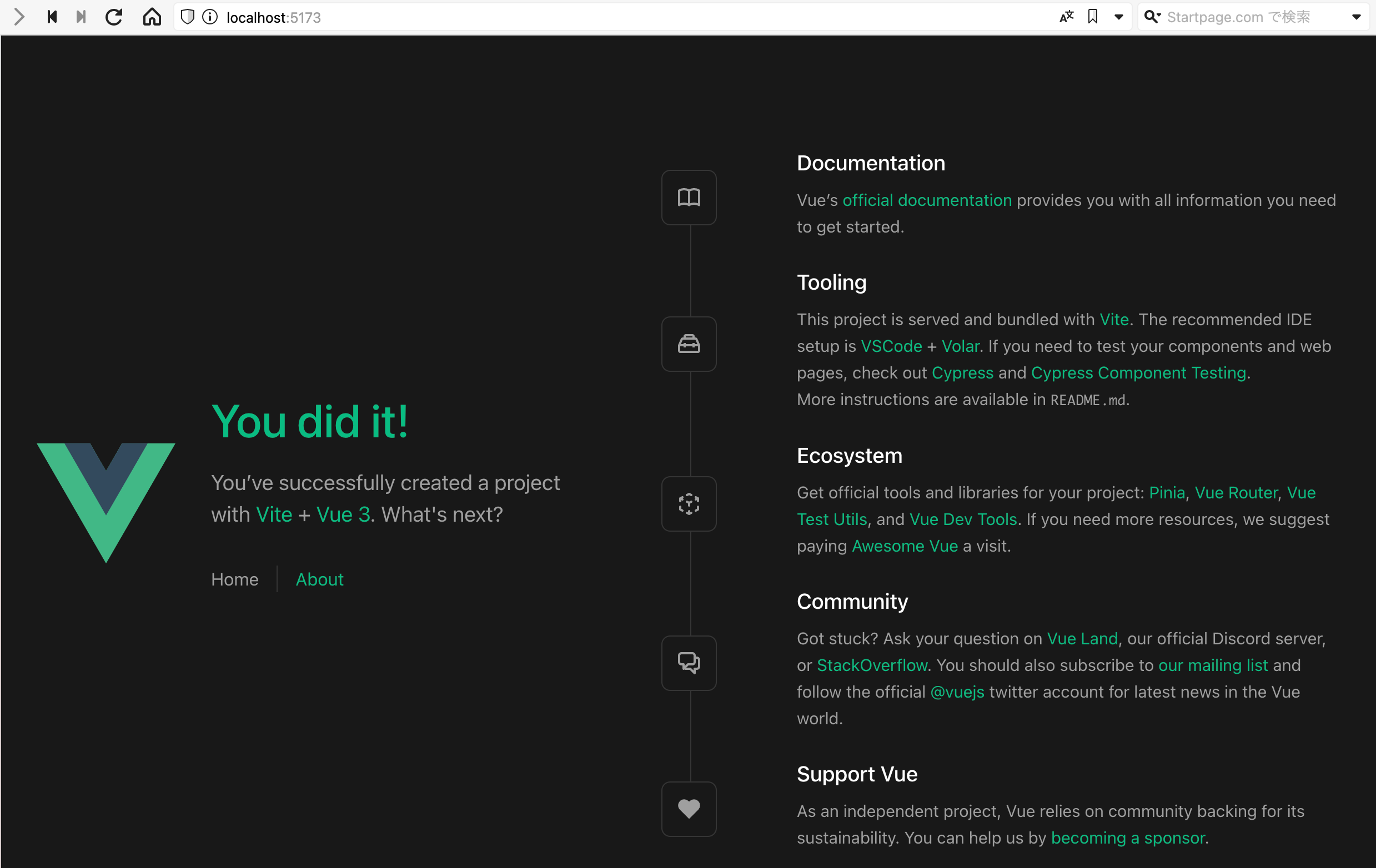 vite+vue3でプロジェクトを作ると最初に出てくる画面 vite+vue3でプロジェクトを作ると最初に出てくる画面