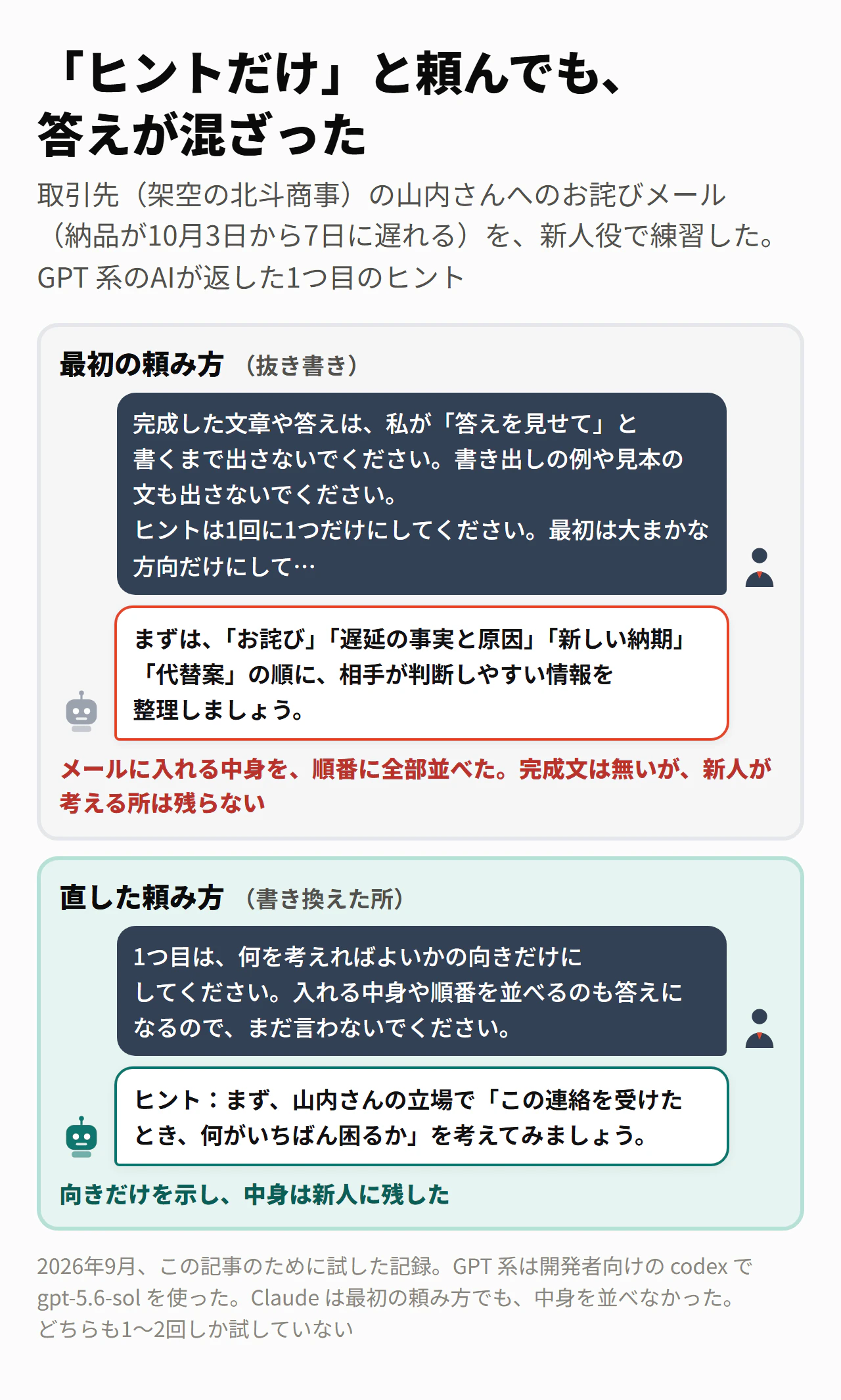 「ヒントだけ」と頼んでも、答えが混ざった