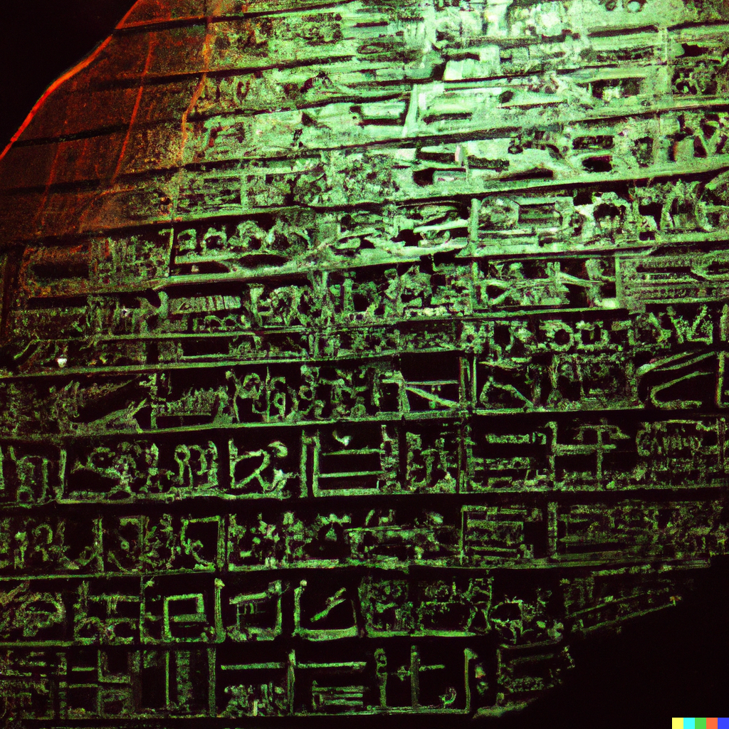 DALL·E 2023-05-26 20.29.15 - Rosetta Stone with hieroglyphics described, diffuse neon lighting.png