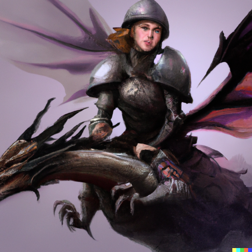DALL·E 2022-08-05 01.32.13 - beautiful lady, ride on dragon, wearing leather armor and feather helmet, having lance_flying in the sky_auguste mestral.png