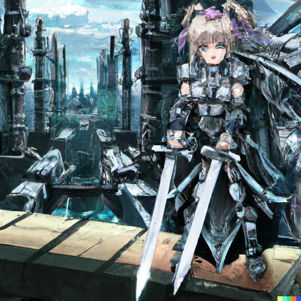 DALL·E 2022-08-05 01.26.27 - Japanese light novel illustration style silver-haired beautiful girl with very big sword in ruined city.png
