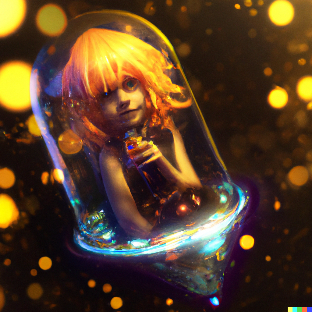 DALL·E 2022-08-05 01.47.50 - little fairy girl in cyberpunk glass cylinder filled amber liquid.png