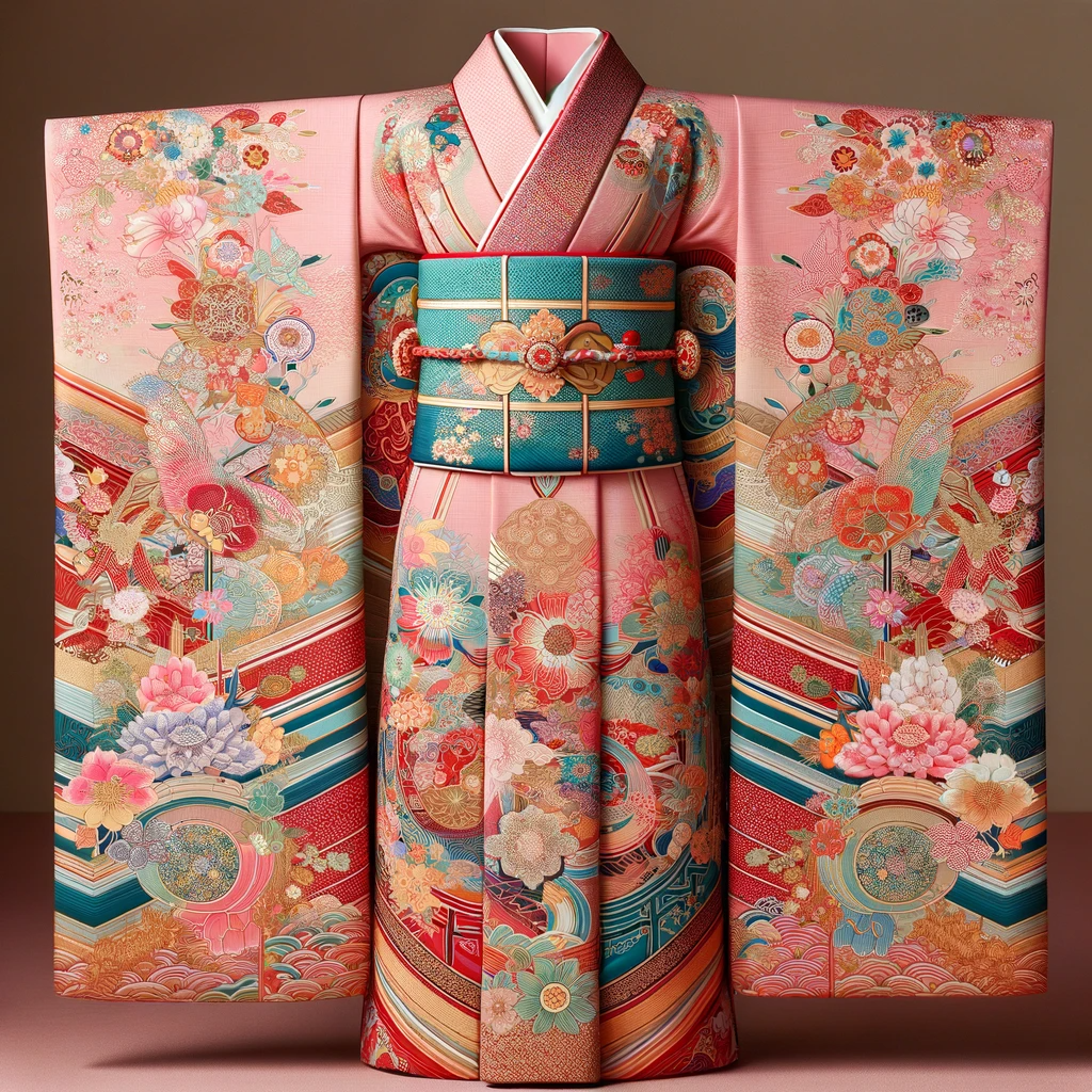 DALL·E 2024-01-07 10.24.22 - A beautiful, traditional Japanese kimono with intricate patterns and vibrant colors. The kimono features elegant designs, including floral motifs and .png