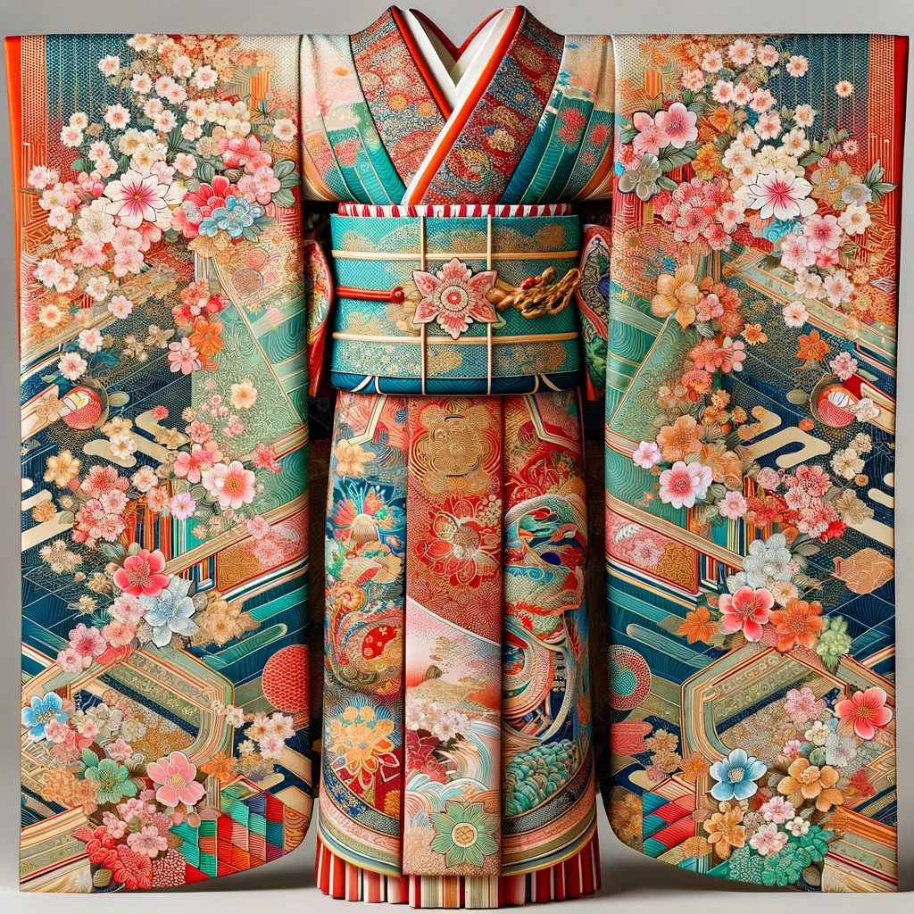 DALL·E 2024-01-07 10.24.34 - A beautiful, traditional Japanese kimono with intricate patterns and vibrant colors. The kimono features elegant designs, including floral motifs and .png