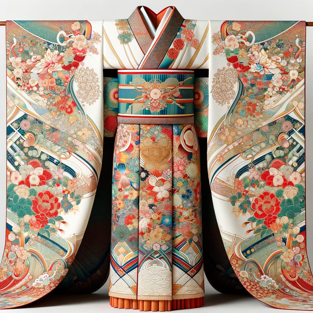 DALL·E 2024-01-07 10.24.16 - A beautiful, traditional Japanese kimono with intricate patterns and vibrant colors. The kimono features elegant designs, including floral motifs and .png