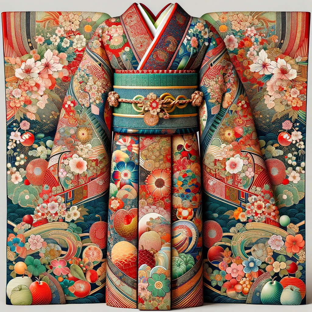 DALL·E 2024-01-07 10.24.28 - A beautiful, traditional Japanese kimono with intricate patterns and vibrant colors. The kimono features elegant designs, including floral motifs and .png