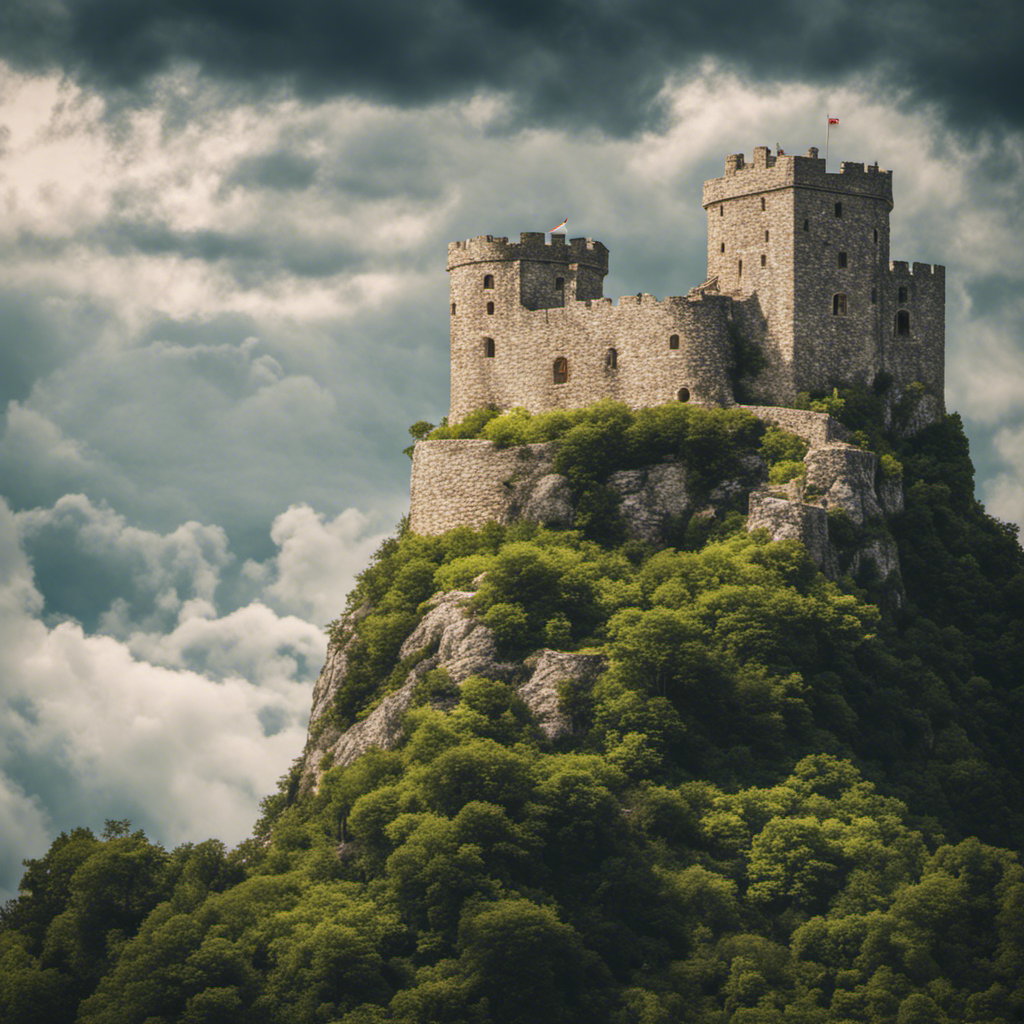 A stone fortress is perched high on a hill overlooking a beautiful sky filled with clouds.png