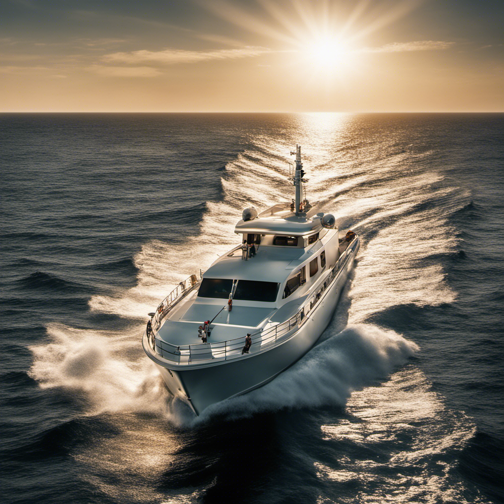 A boat is traveling on the sea with the sun shining on it.png