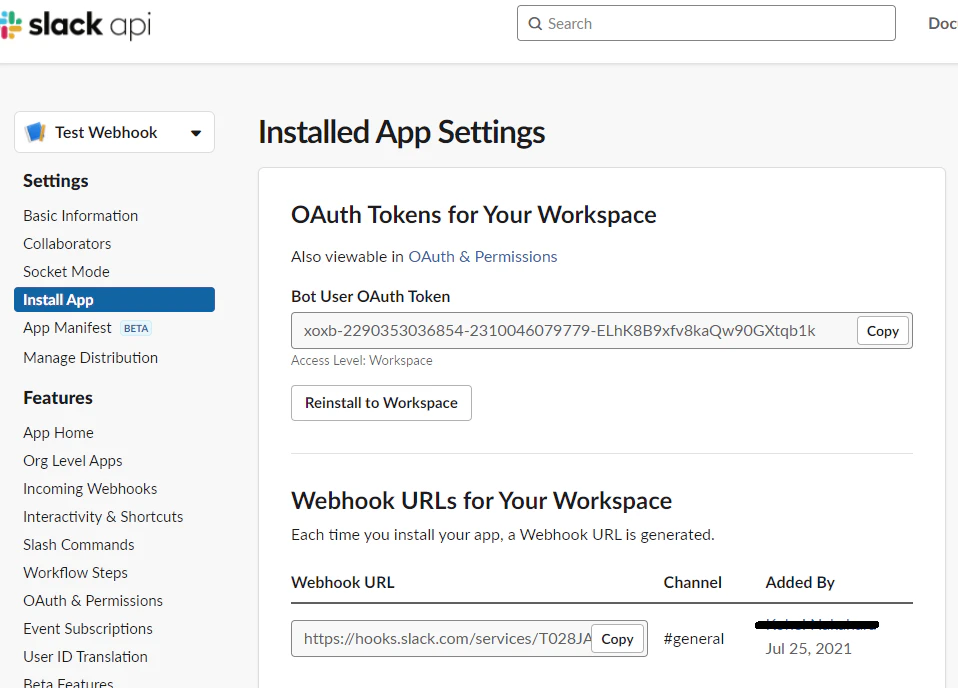 Token and Webhook URL