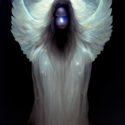 A mysterious and ethereal figure with translucent wings, glowing eyes, and hair that flows like liquid silve_256x256_video_000.png