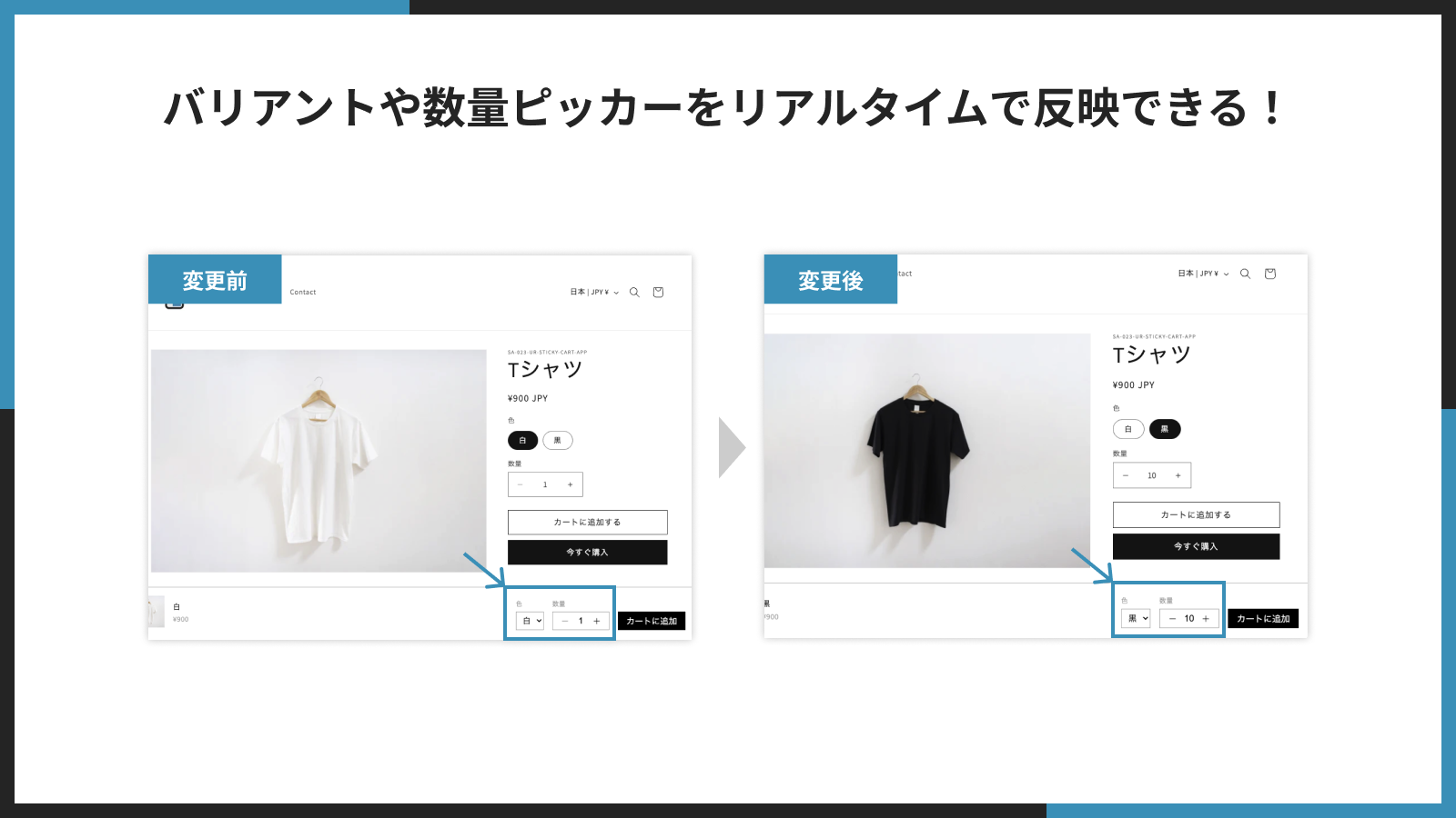 バリアントや数量ピッカーをリアルタイムで反映できる!