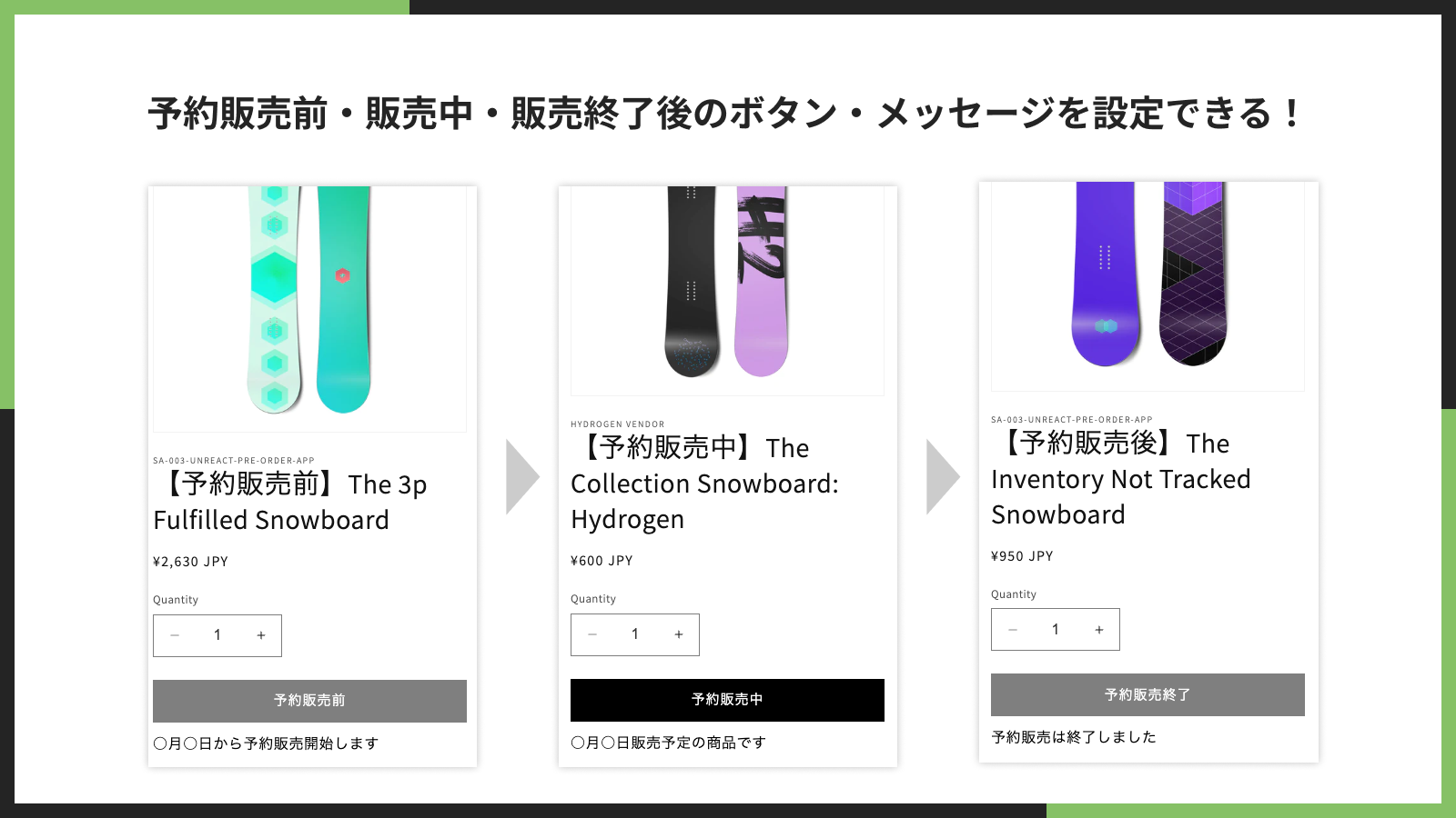 予約販売前・販売中・販売終了後のボタン・メッセージを設定できる!