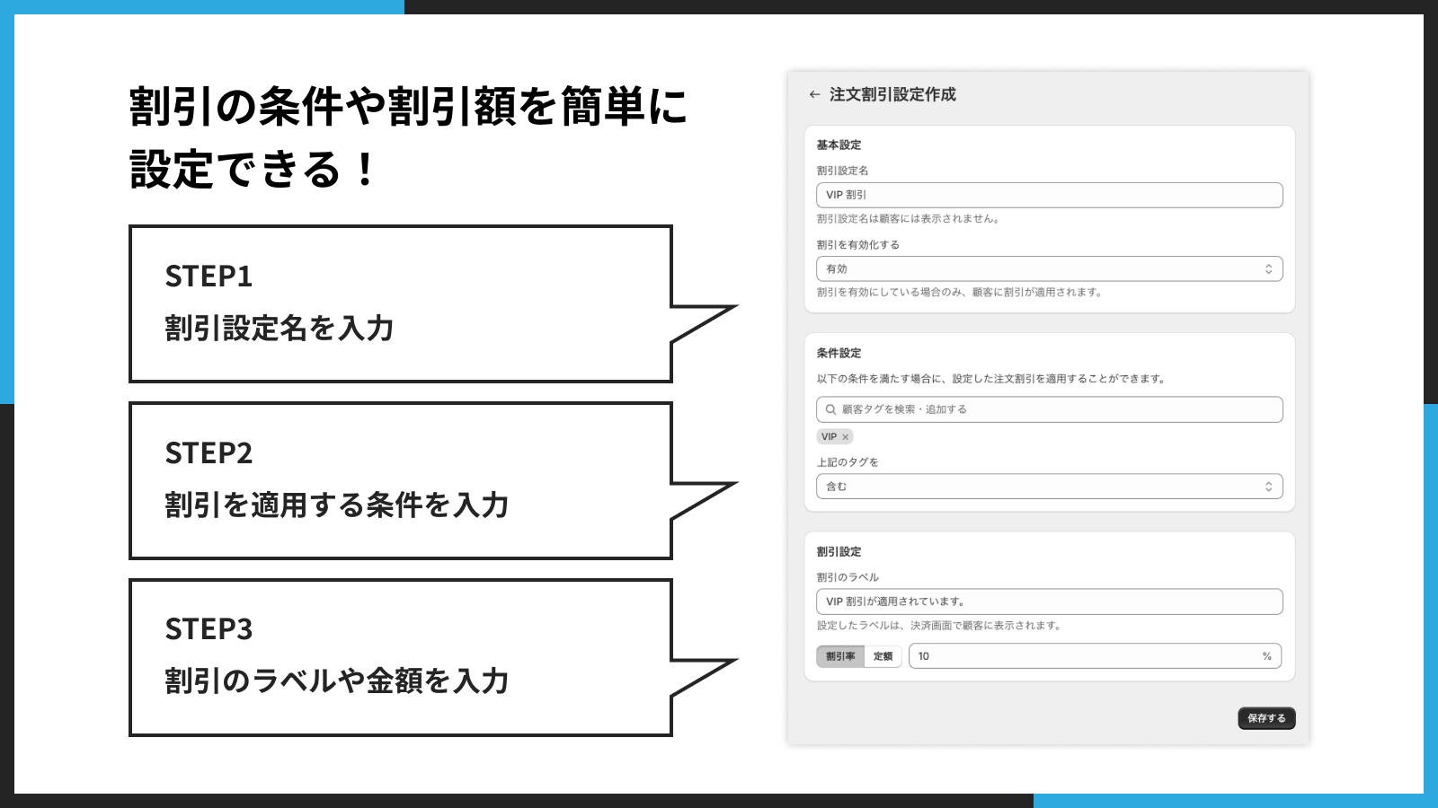 割引の条件や割引額を簡単に設定できる!