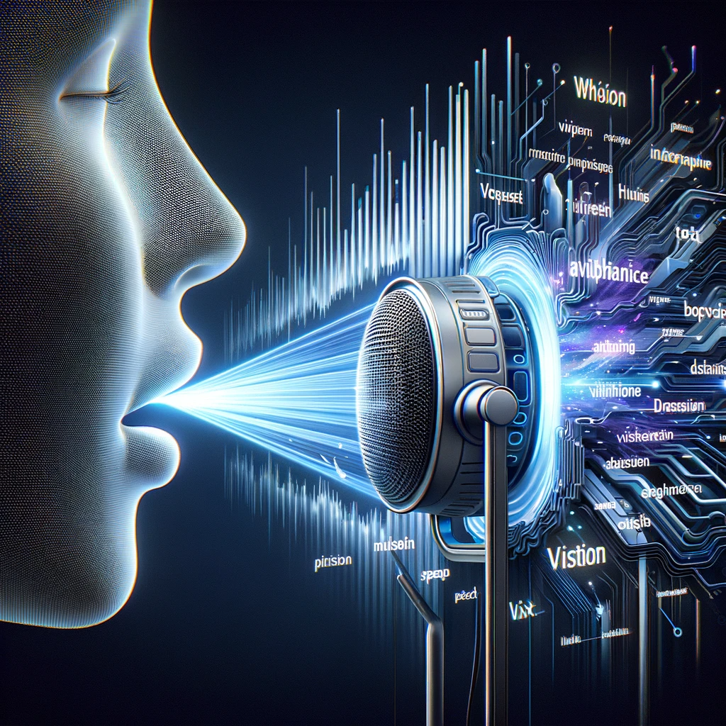 DALL·E 2023-12-29 21.41.29 - Illustration visualizing OpenAI's speech-to-text API, Whisper. The image shows a futuristic device capturing spoken words, which are then visually tra.png